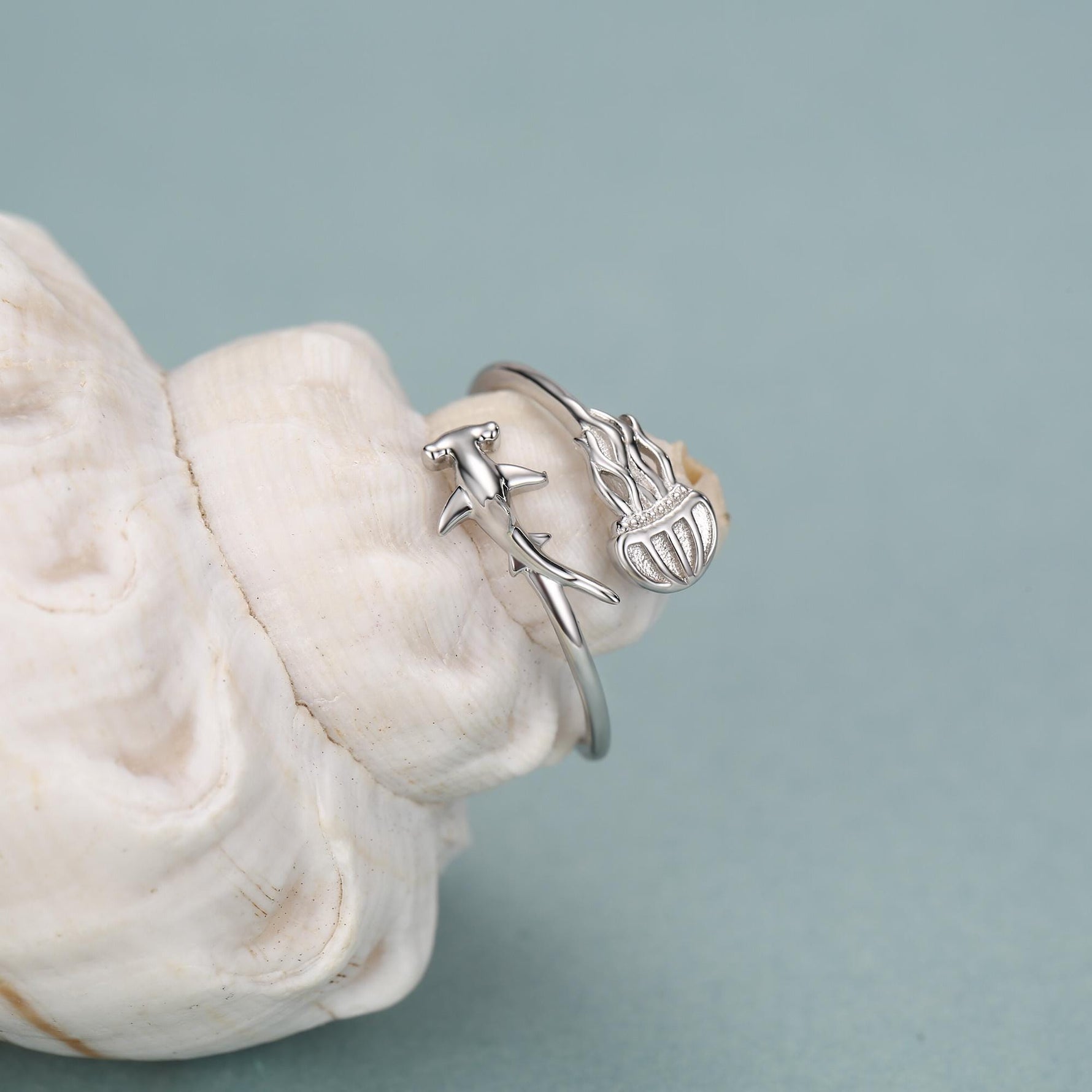 Sterling Silver Hammerhead Shark and Jellyfish Open Ring