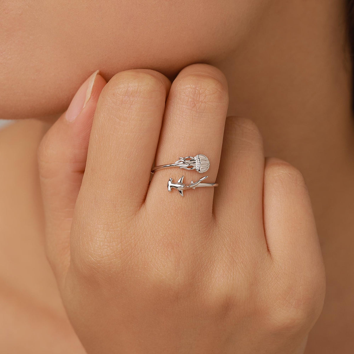 Sterling Silver Hammerhead Shark and Jellyfish Open Ring
