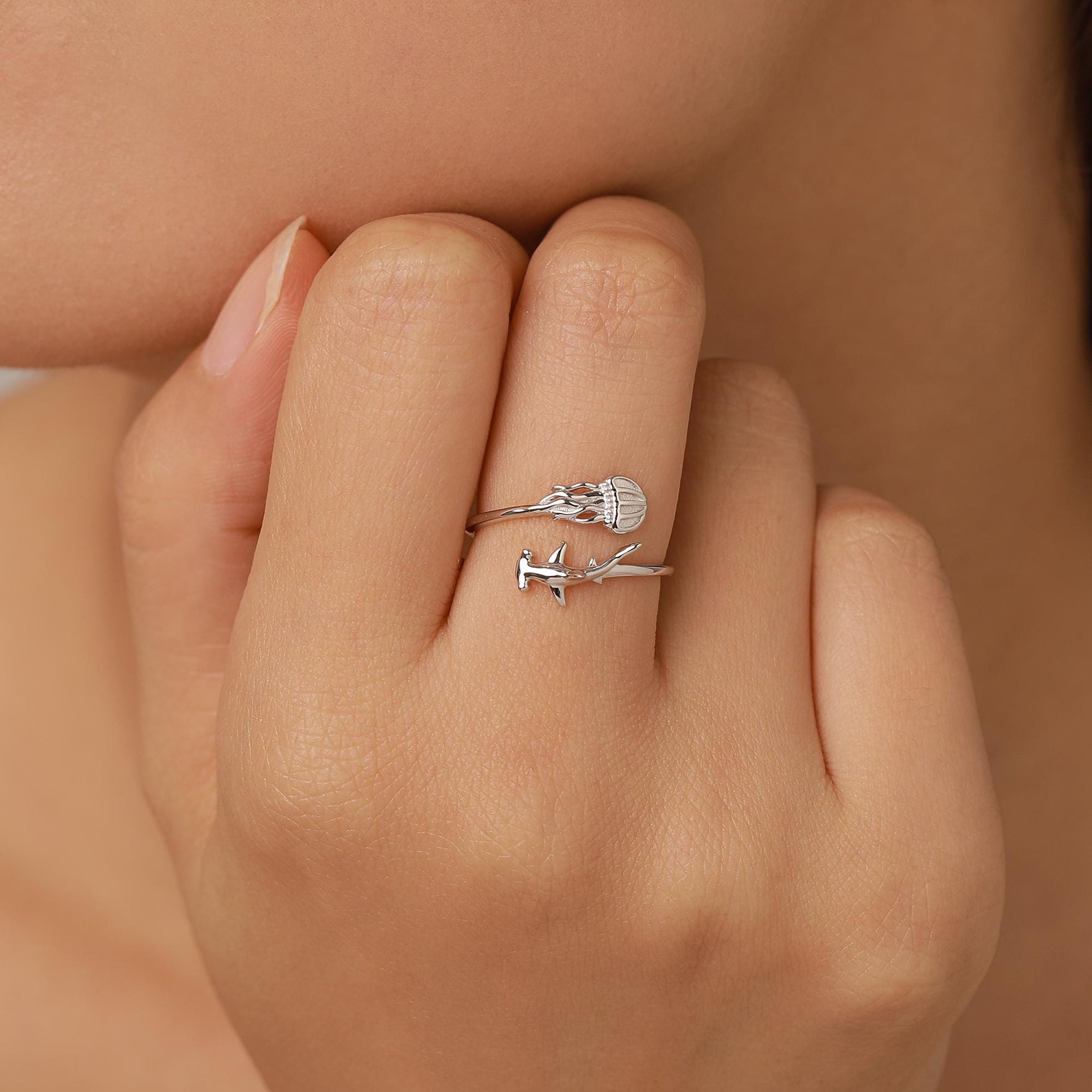 Sterling Silver Hammerhead Shark and Jellyfish Open Ring
