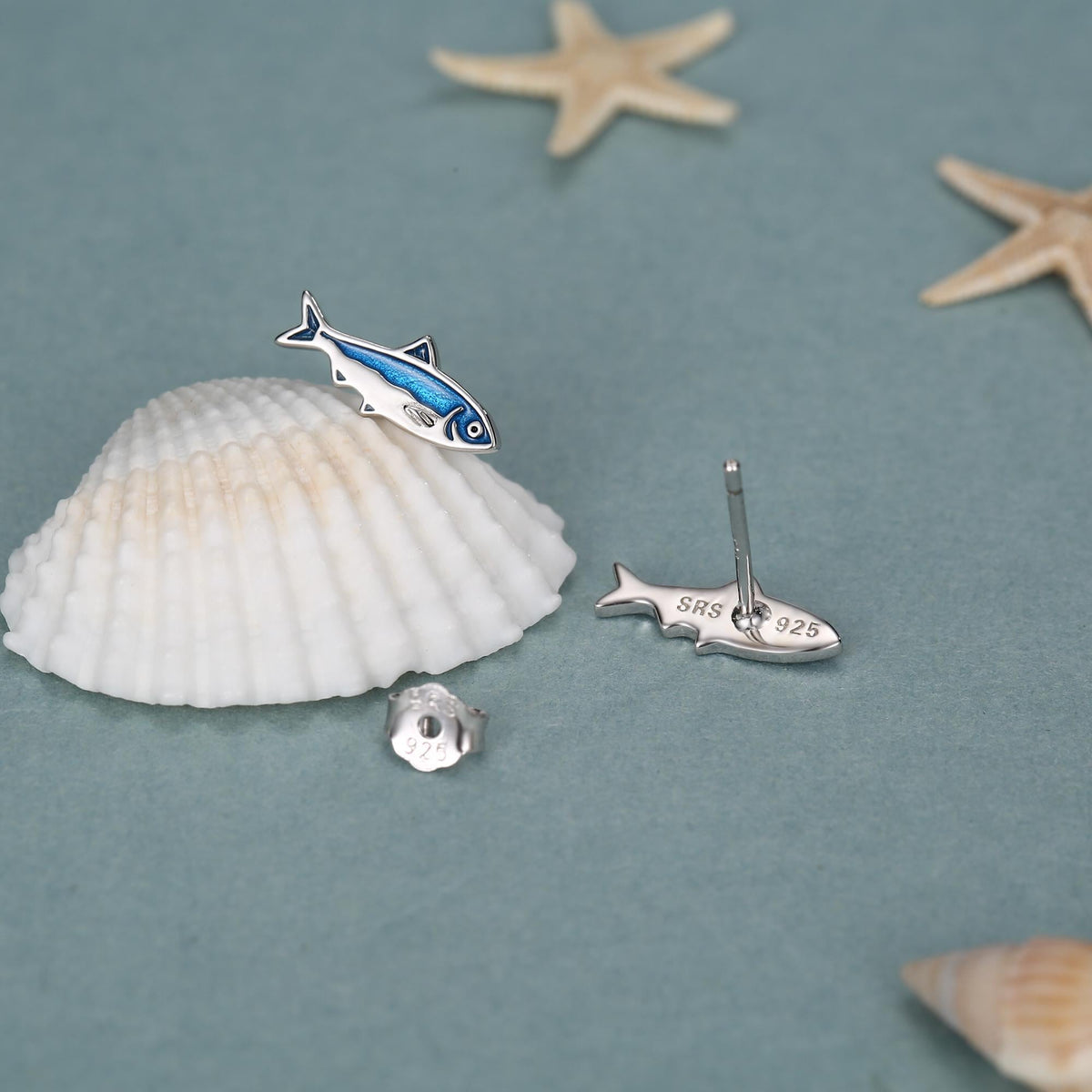 Sterling Silver Blue Enamel Sardine Stud Earrings
