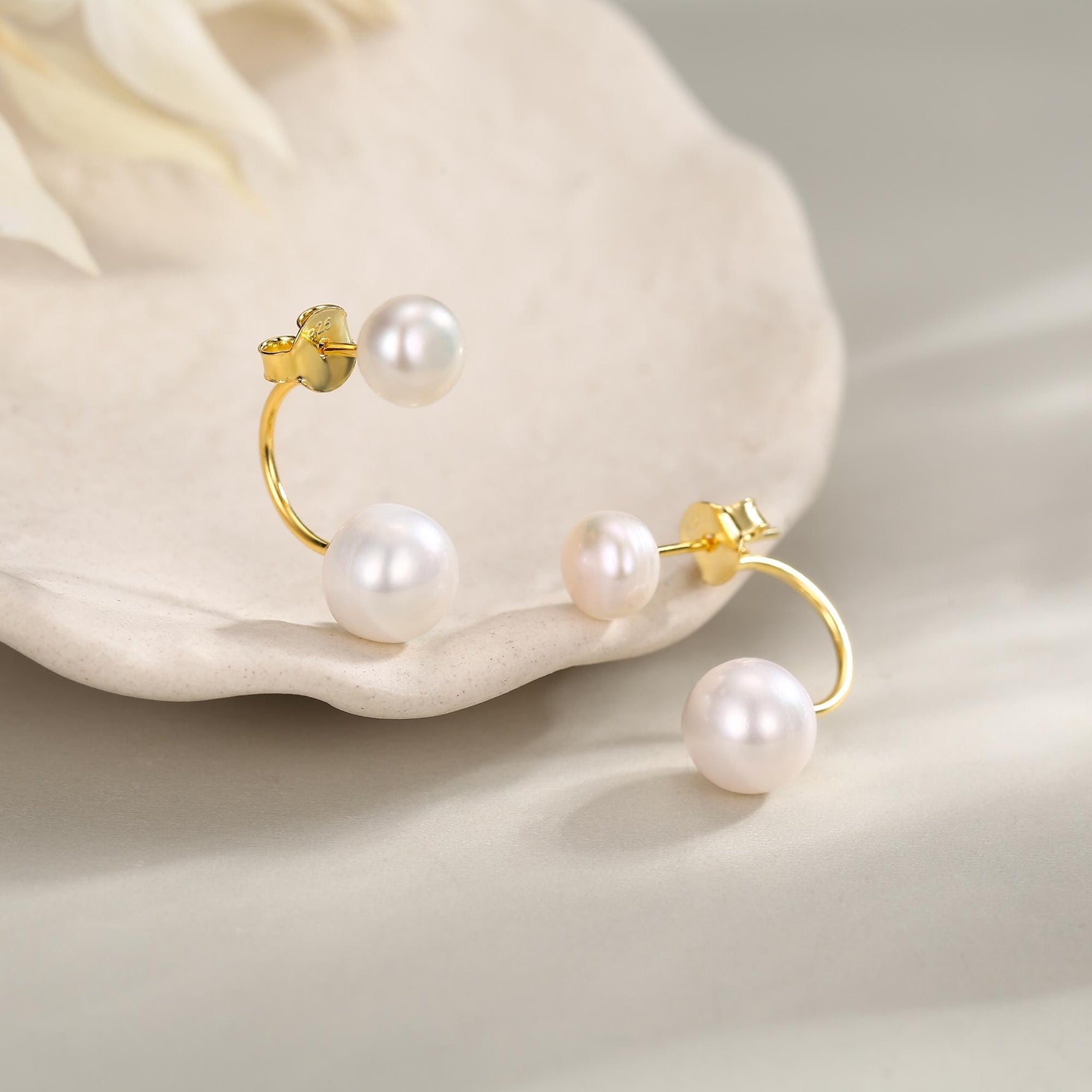 Sterling Silver Double Pearl Ear Jacket Earrings - Genuine Freshwater Pearls