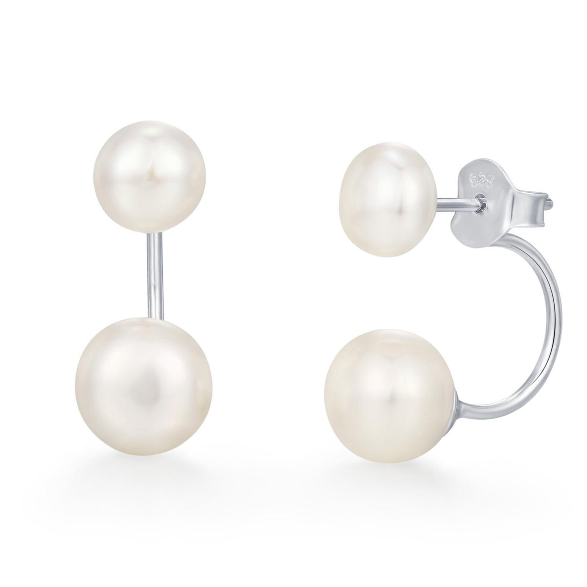 Sterling Silver Double Pearl Ear Jacket Earrings - Genuine Freshwater Pearls