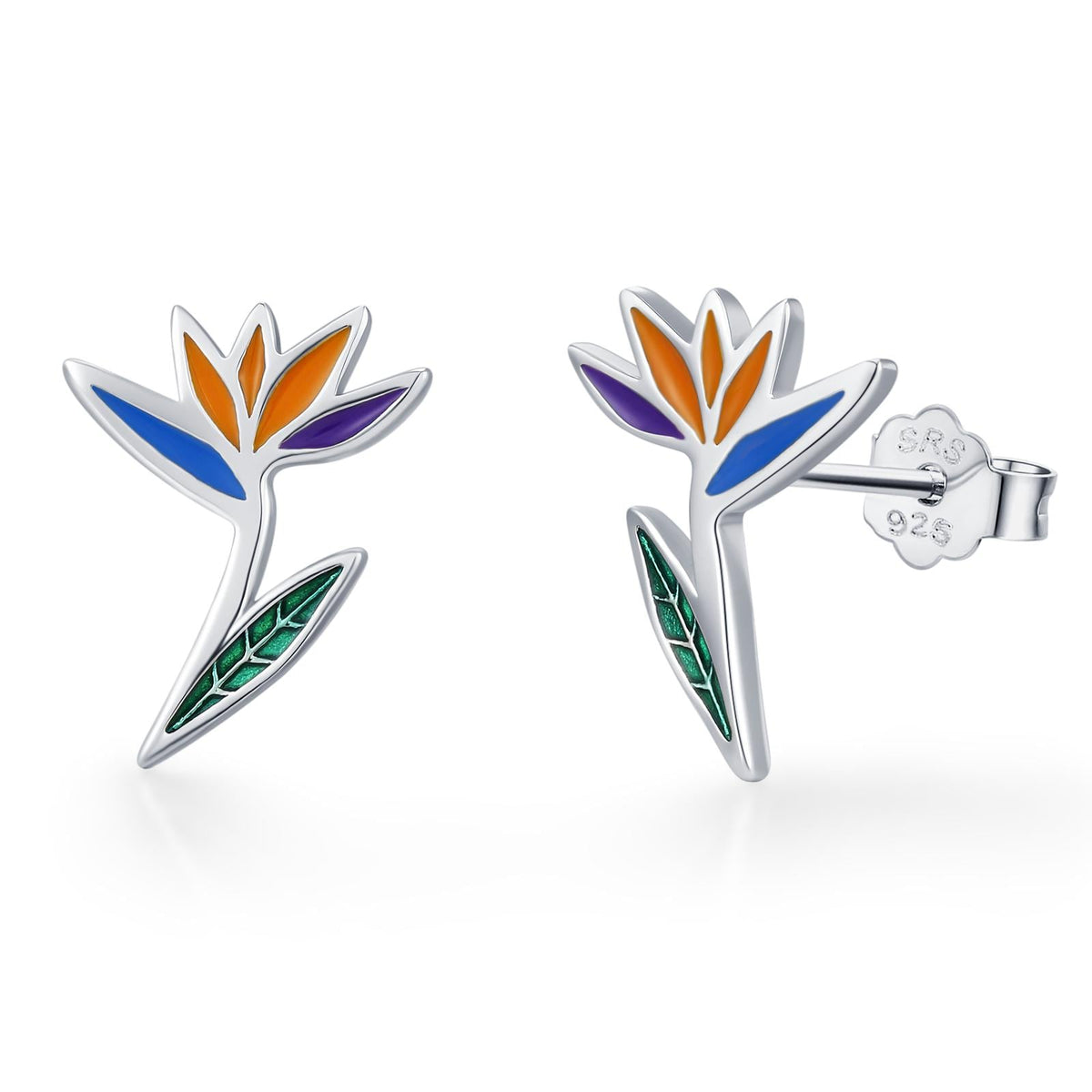 Sterling Silver Bird of Paradise Flower Stud Earrings