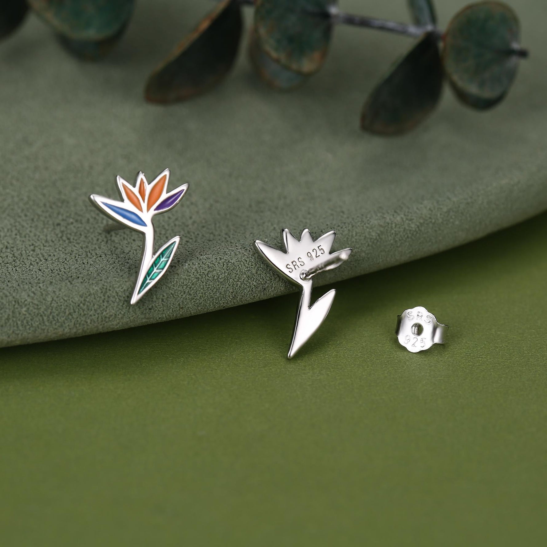 Sterling Silver Bird of Paradise Flower Stud Earrings