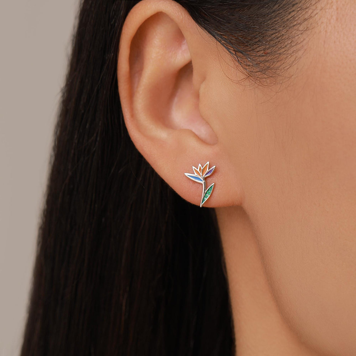 Sterling Silver Bird of Paradise Flower Stud Earrings