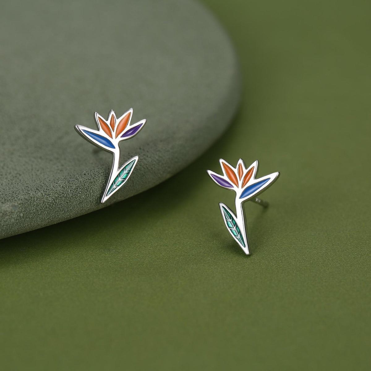 Sterling Silver Bird of Paradise Flower Stud Earrings