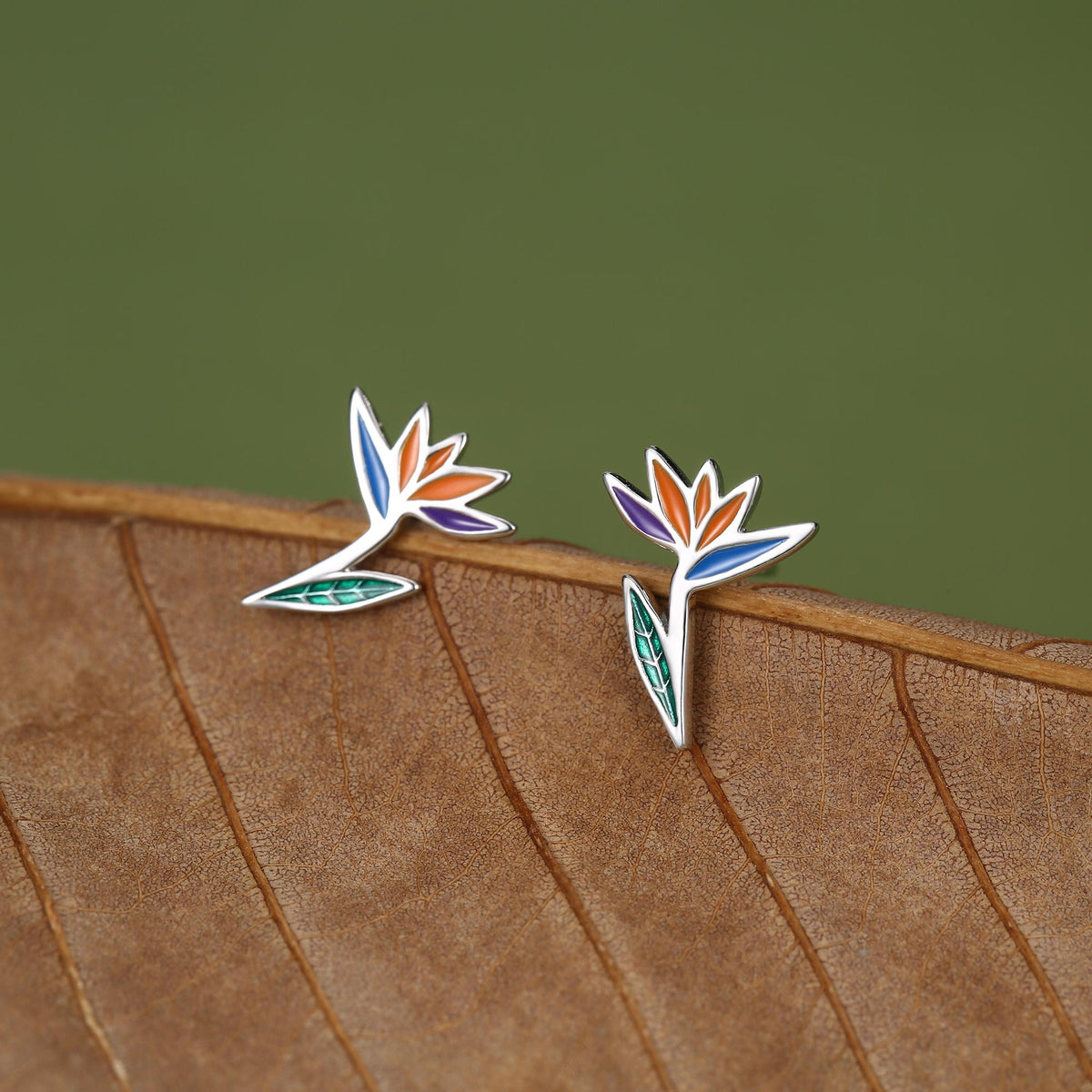 Sterling Silver Bird of Paradise Flower Stud Earrings