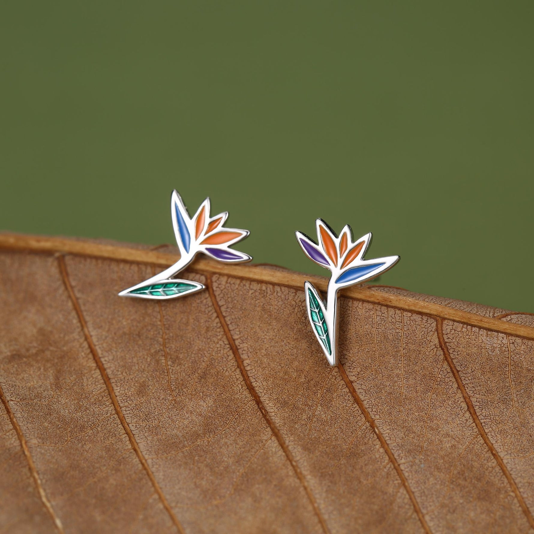 Sterling Silver Bird of Paradise Flower Stud Earrings