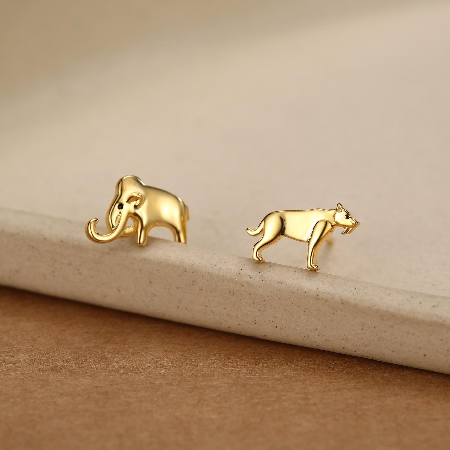 Sterling Silver Mismatched Mammoth and Sabertooth Tiger Stud Earrings