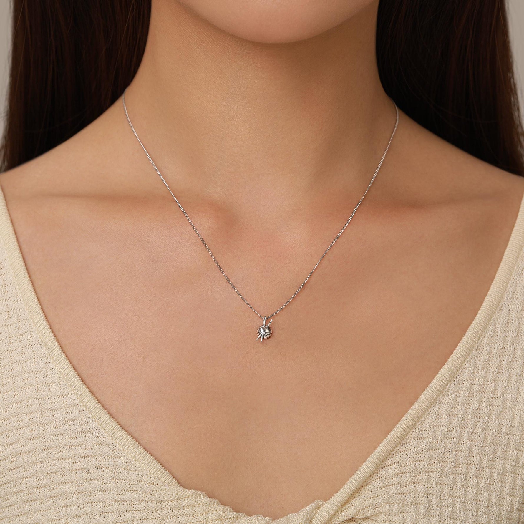 Sterling Silver Yarn Ball and Knitting Needles Necklace