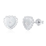 Sterling Silver Lace Edge Starburst Heart CZ Stud Earrings