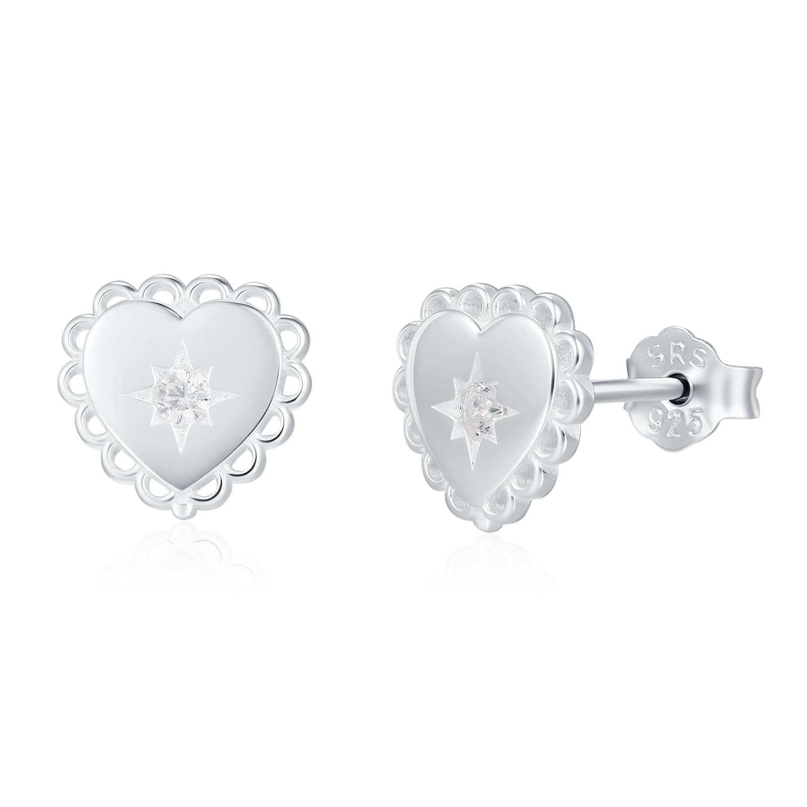 Sterling Silver Lace Edge Starburst Heart CZ Stud Earrings