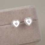 Sterling Silver Lace Edge Starburst Heart CZ Stud Earrings