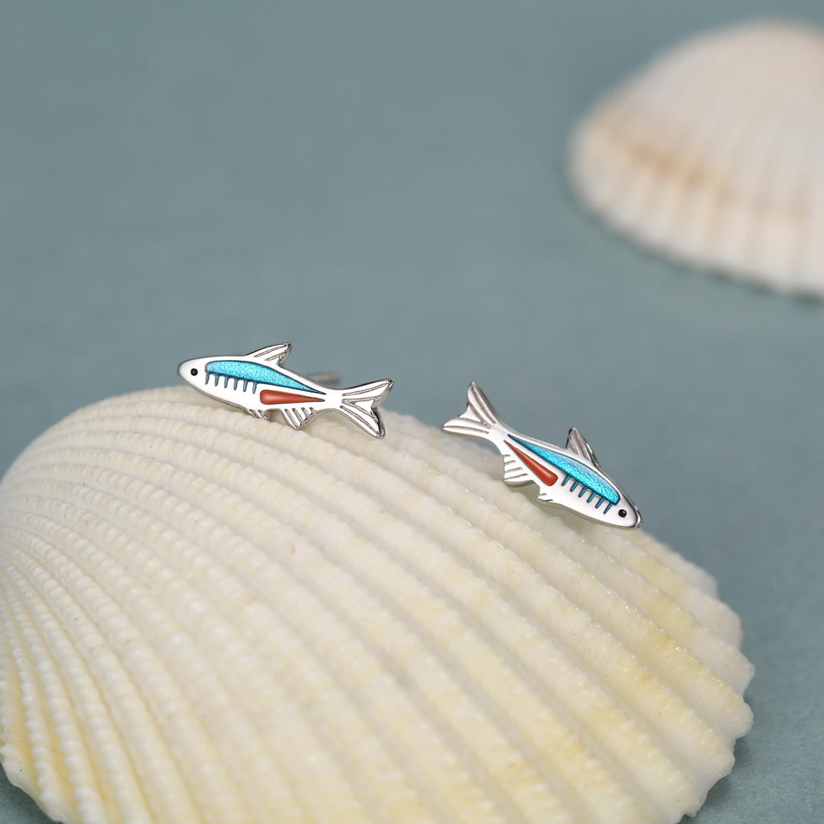 Sterling Silver Neon Tetra Fish Enamel Stud Earrings
