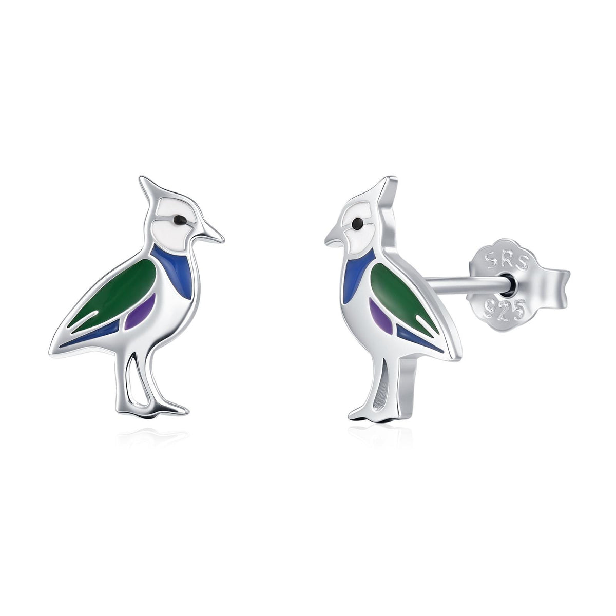Sterling Silver Lapwing Enamel Bird Stud Earrings