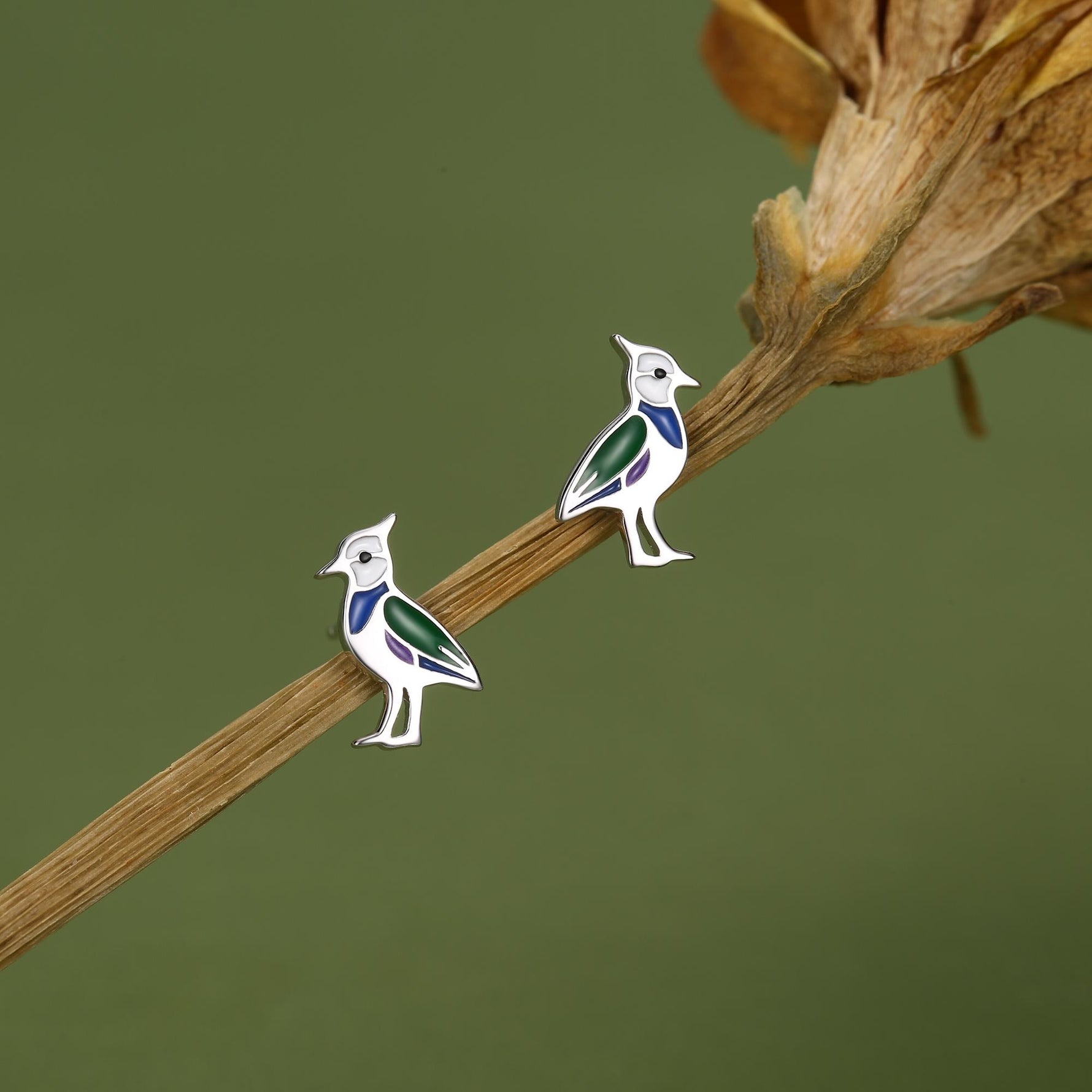 Sterling Silver Lapwing Enamel Bird Stud Earrings
