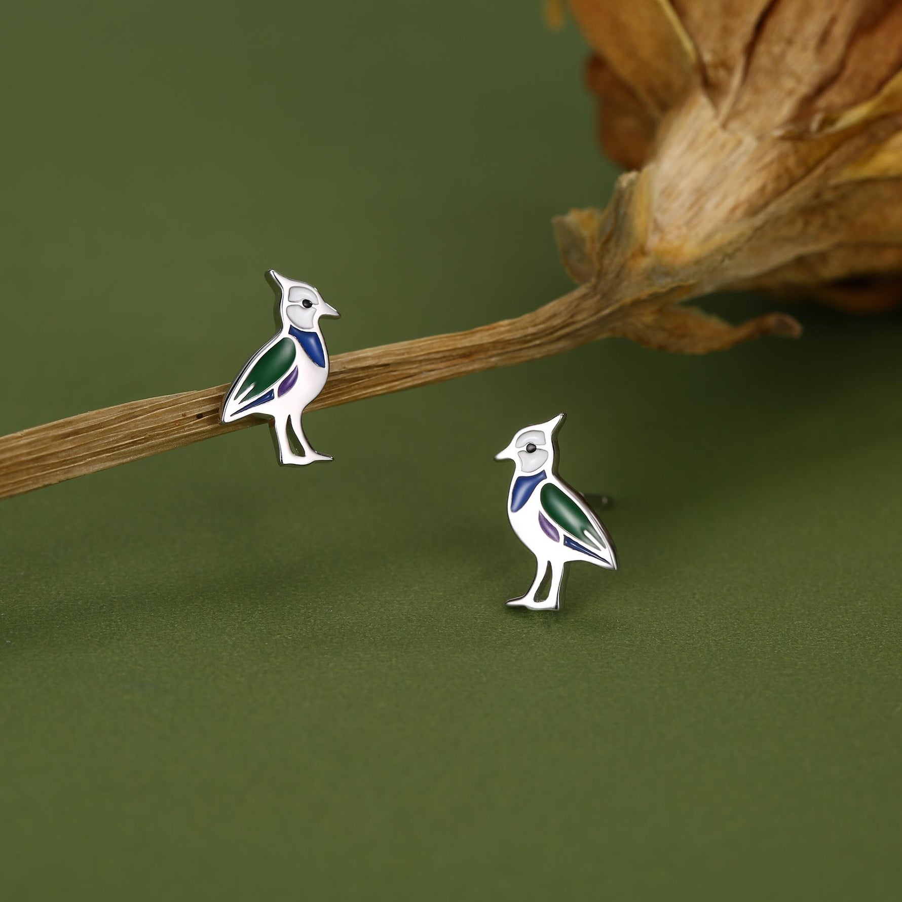 Sterling Silver Lapwing Enamel Bird Stud Earrings
