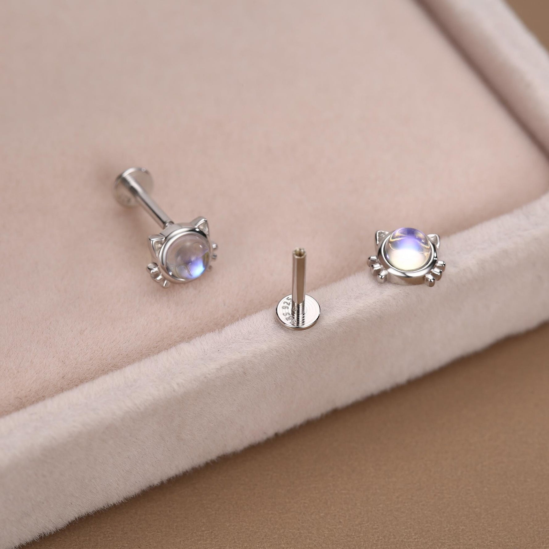 Sterling Silver Moonstone Cat 16G Flat Back Labret Earrings