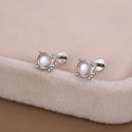 Sterling Silver Moonstone Cat 16G Flat Back Labret Earrings