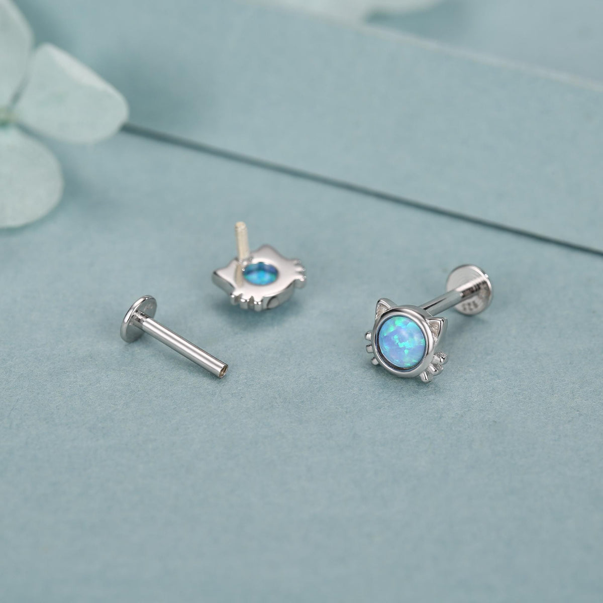Sterling Silver Opal Cat 16G Flat Back Labret Earrings