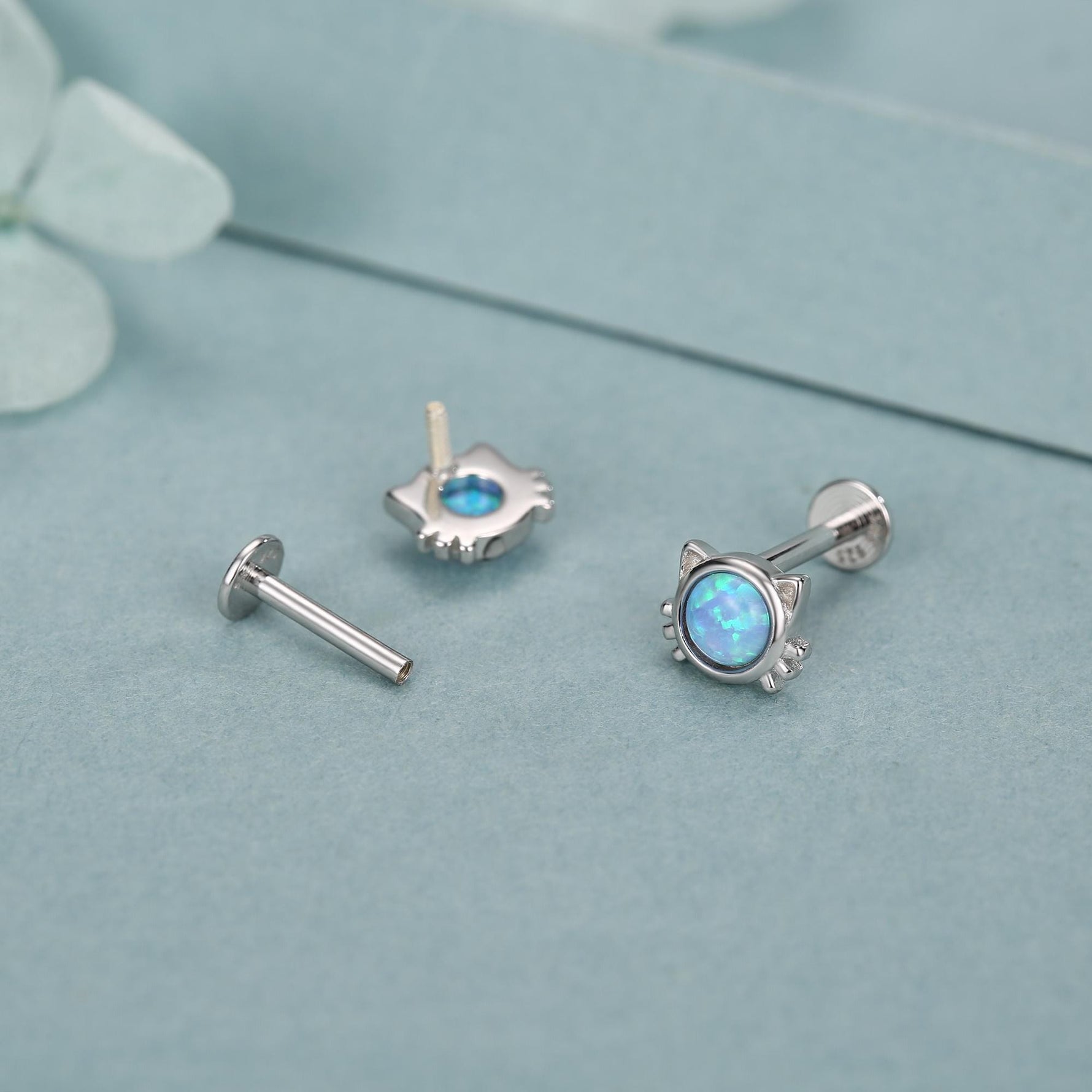 Sterling Silver Opal Cat 16G Flat Back Labret Earrings
