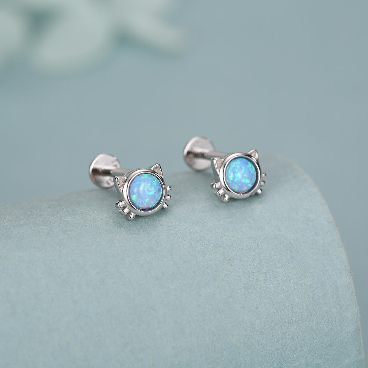 Sterling Silver Opal Cat 16G Flat Back Labret Earrings