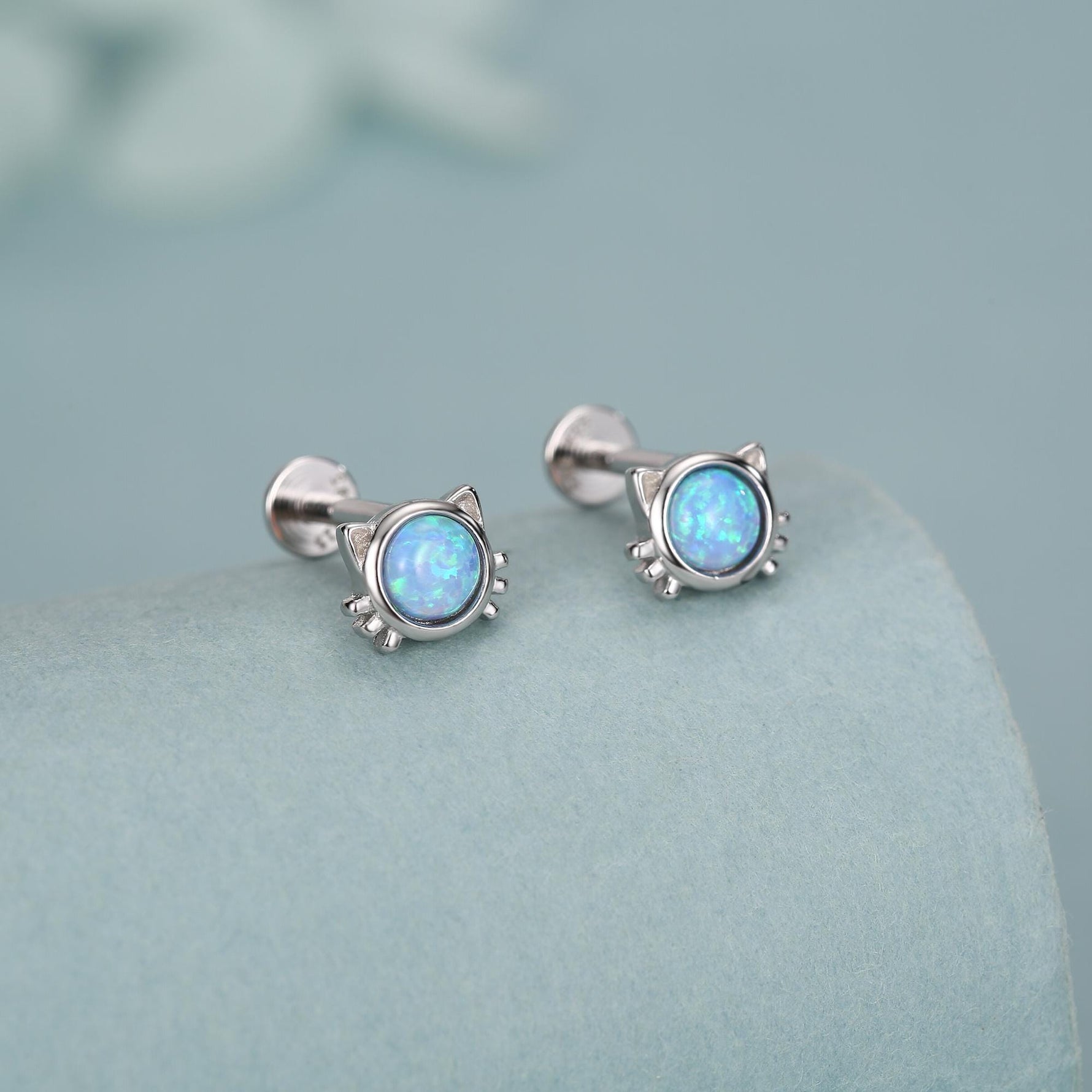 Sterling Silver Opal Cat 16G Flat Back Labret Earrings