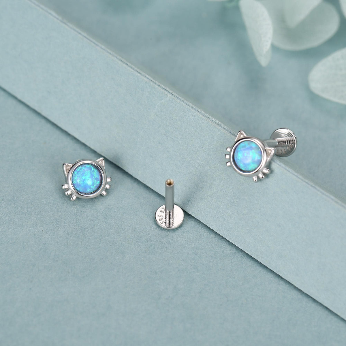 Sterling Silver Opal Cat 16G Flat Back Labret Earrings