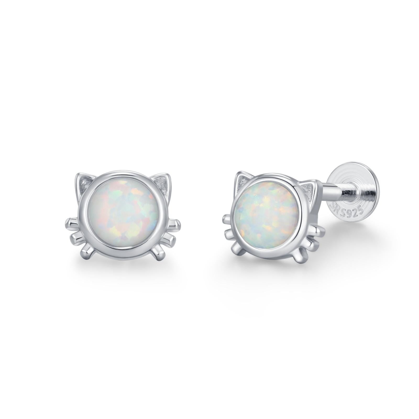 Sterling Silver White Opal Cat 16G Flat Back Labret Earrings