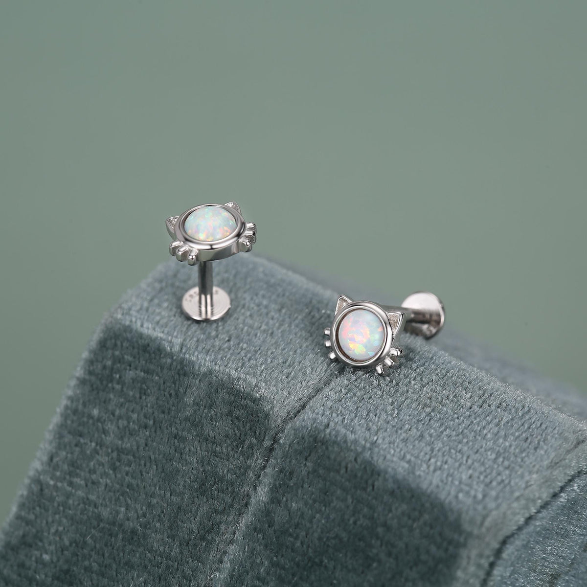 Sterling Silver White Opal Cat 16G Flat Back Labret Earrings