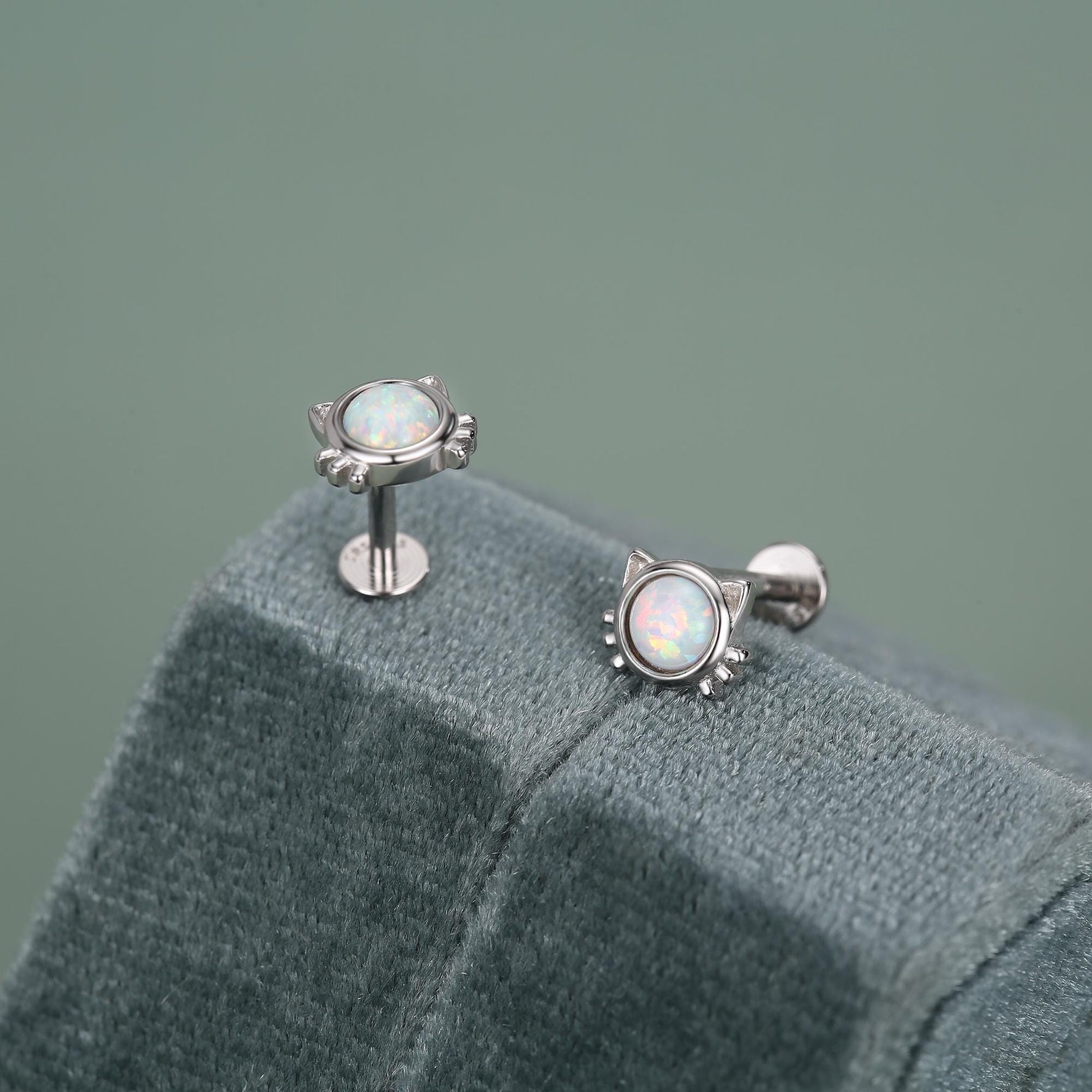 Sterling Silver White Opal Cat 16G Flat Back Labret Earrings