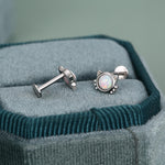 Sterling Silver White Opal Cat 16G Flat Back Labret Earrings