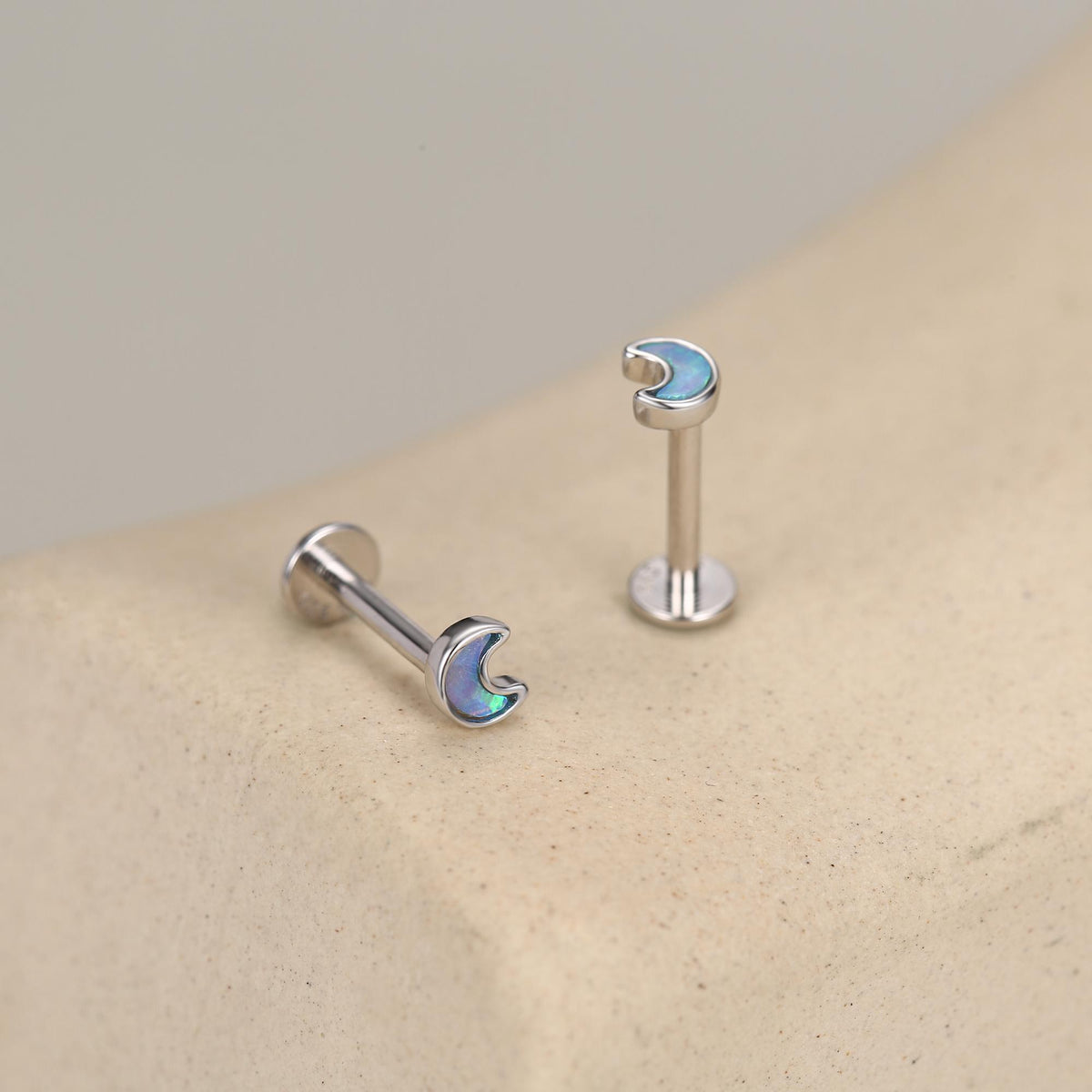 Sterling Silver Opal Crescent Moon 16G Flat Back Labret Earrings