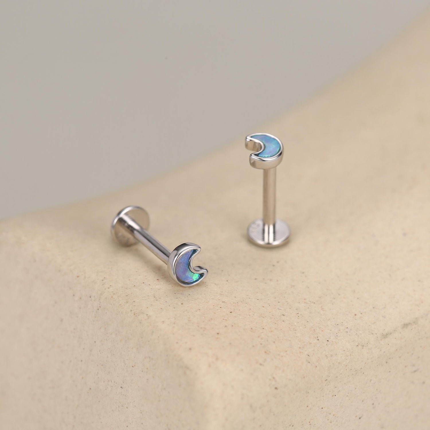 Sterling Silver Opal Crescent Moon 16G Flat Back Labret Earrings