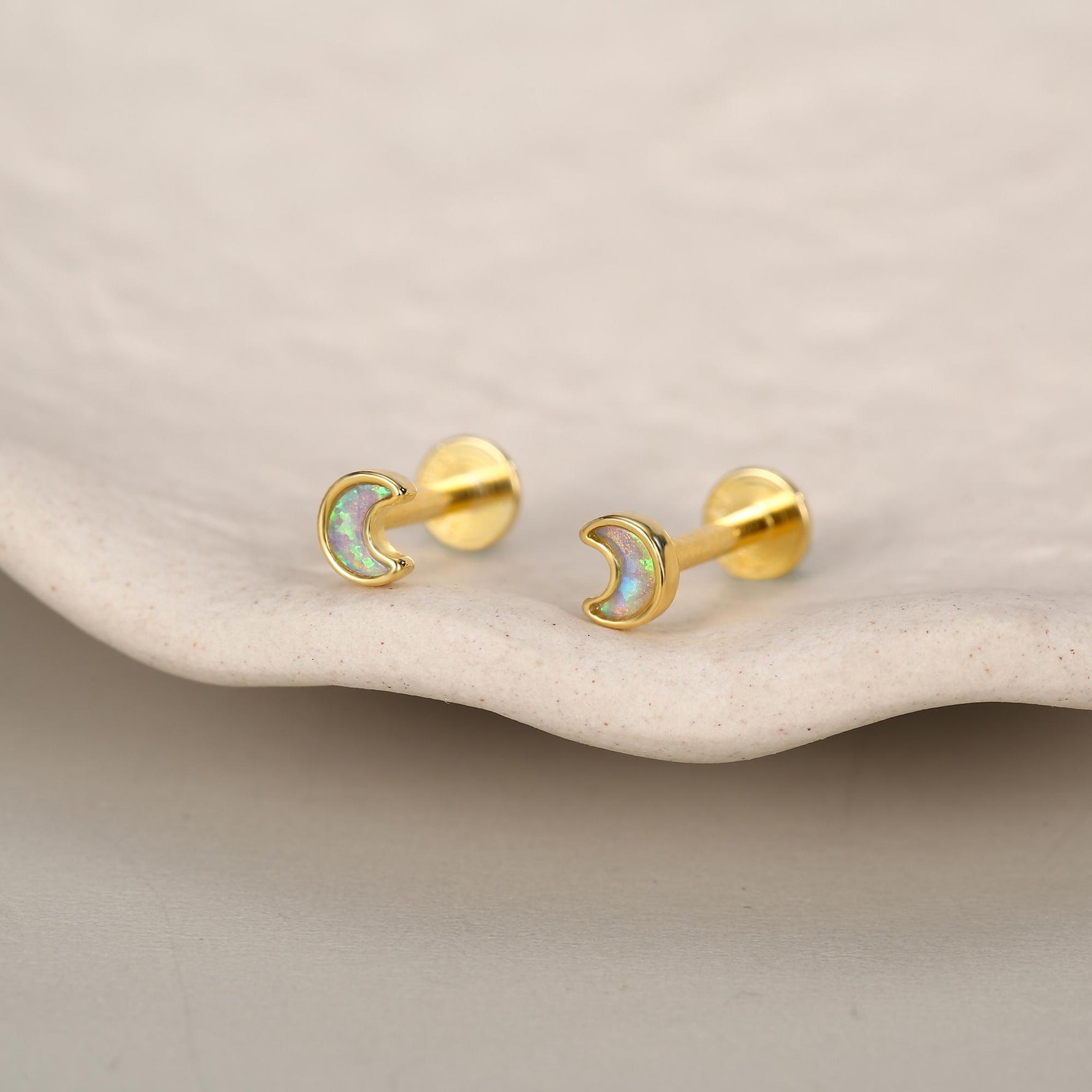 Sterling Silver Opal Crescent Moon 16G Flat Back Labret Earrings
