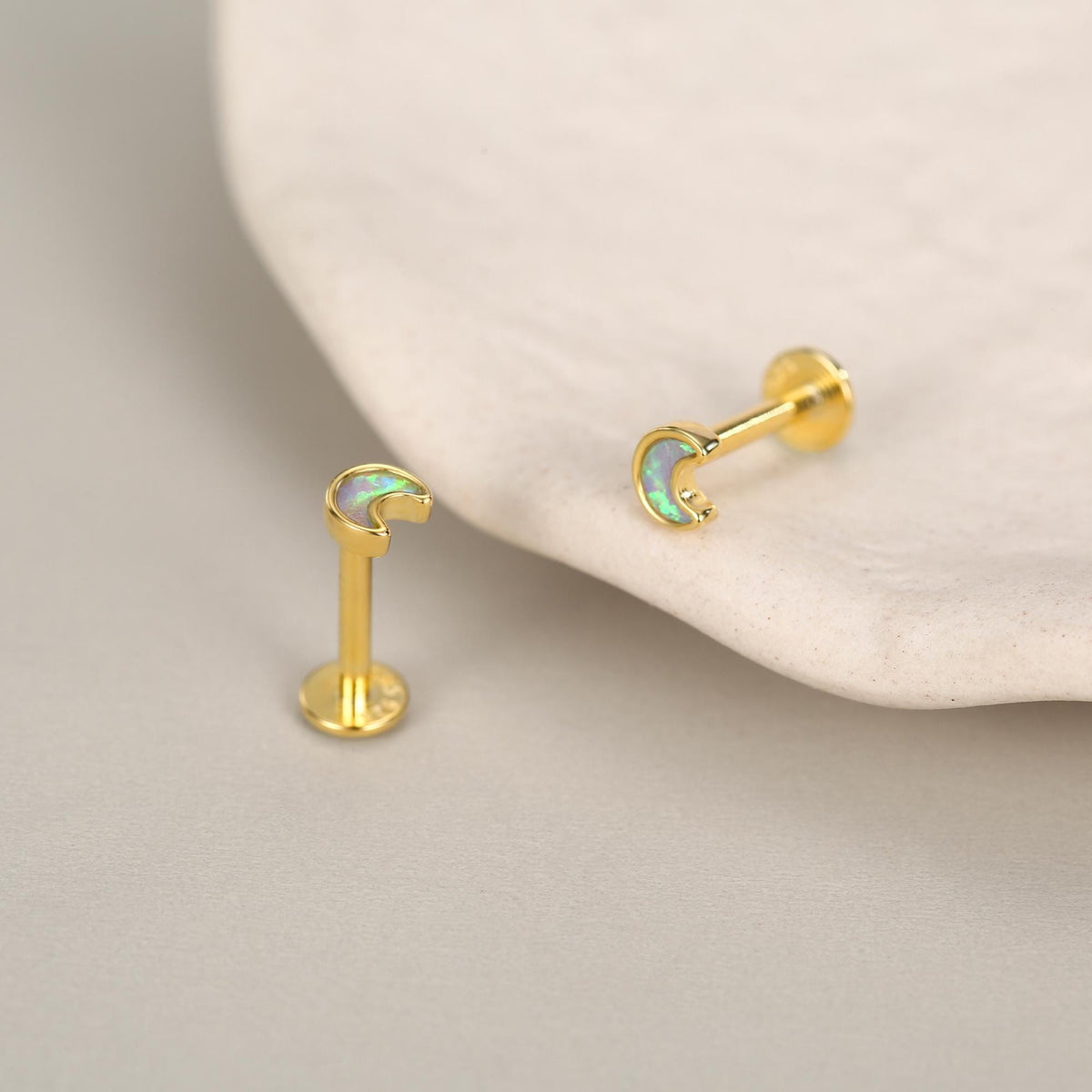 Sterling Silver Opal Crescent Moon 16G Flat Back Labret Earrings