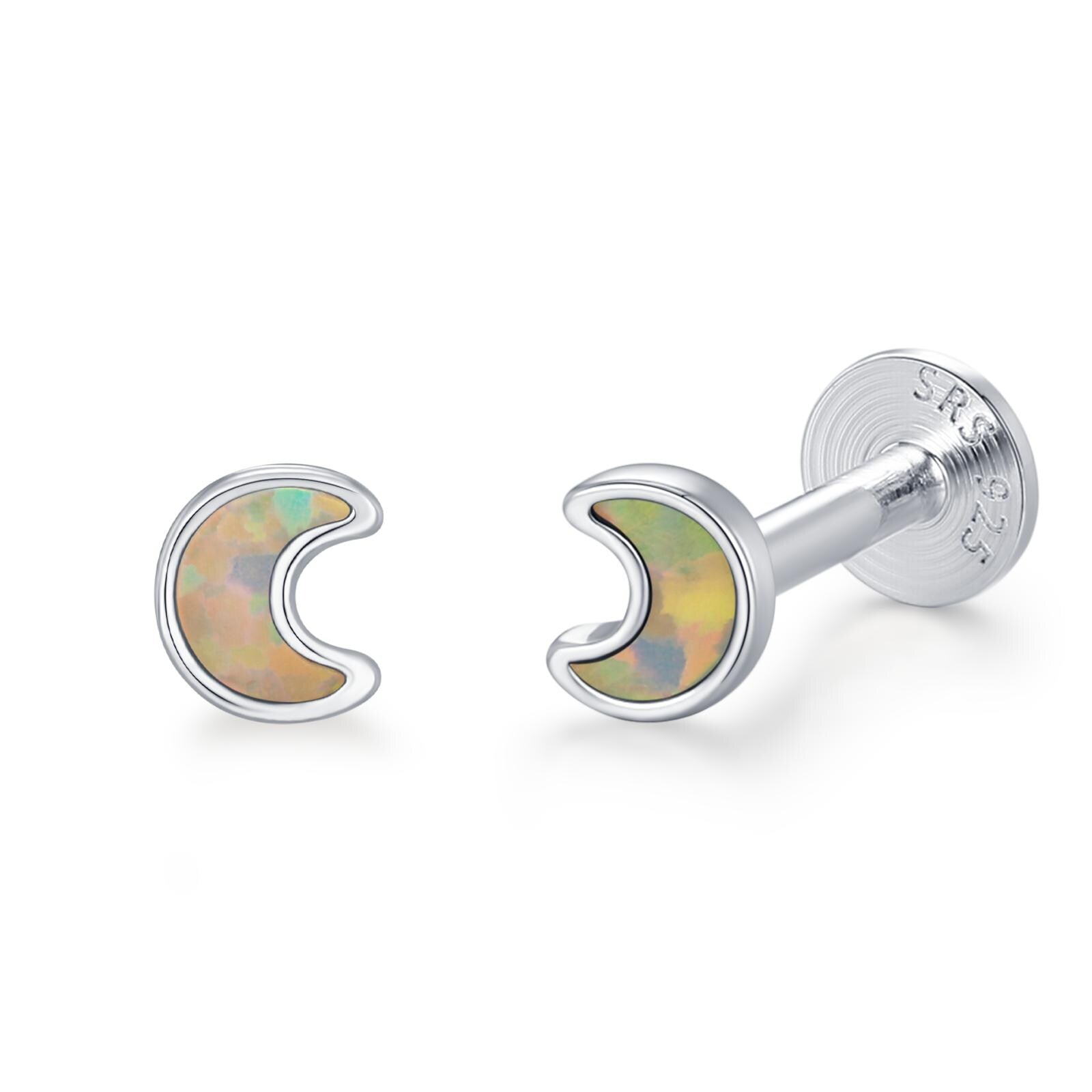 Sterling Silver Opal Moon 16G Flat Back Labret Earrings