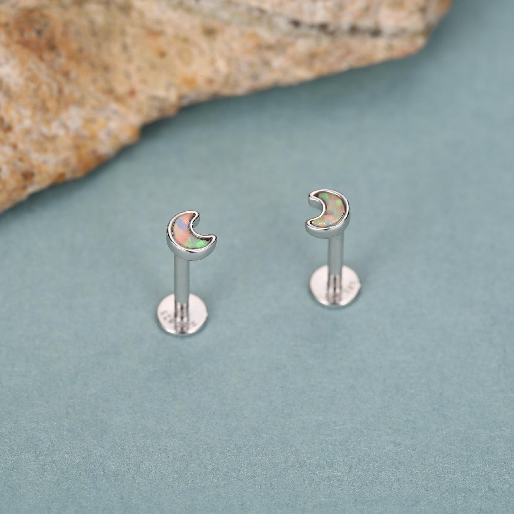 Sterling Silver Opal Moon 16G Flat Back Labret Earrings