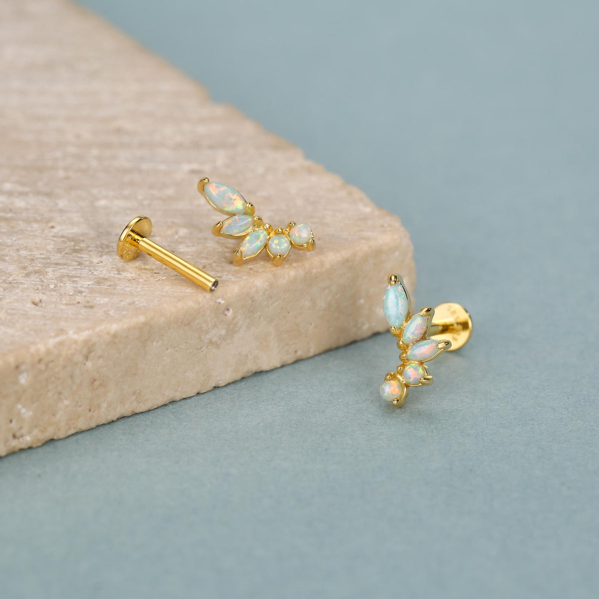 Sterling Silver Opal Cluster 16G Flat Back Labret Earrings