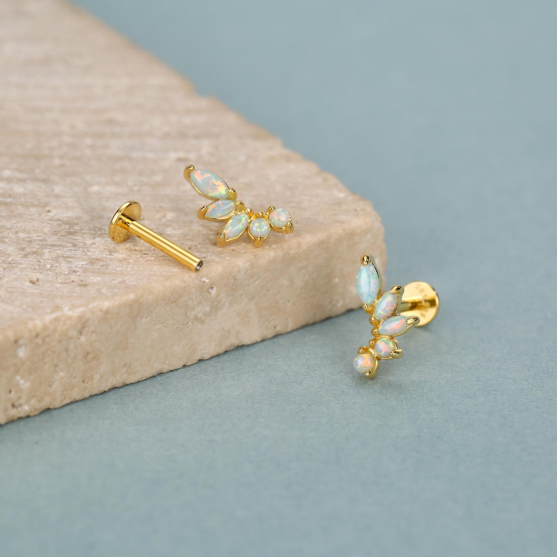 Sterling Silver Opal Cluster 16G Flat Back Labret Earrings