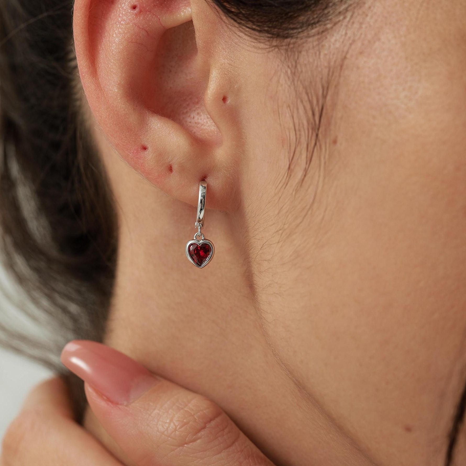 Garnet Red CZ Heart Huggie Hoop in Sterling Silver, Silver or Gold Garnet Red Hoops, 8mm Inner Diameter, Stacking Earrings,