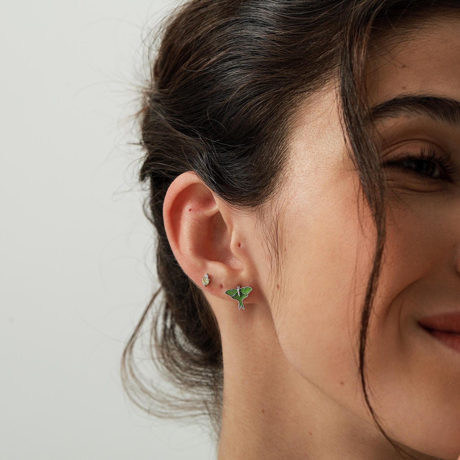 Lunar Moth Enamel Stud Earrings in Sterling Silver, Green Enamel Butterfly Earrings, Insect Earrings, Nature Inspired Animal Earrings