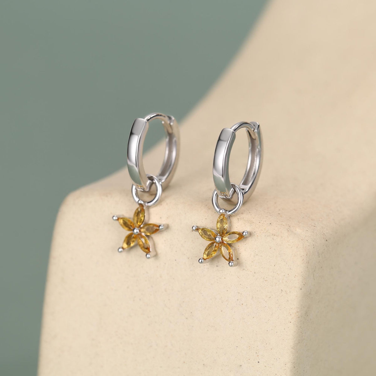 Sterling Silver Yellow CZ Flower Huggie Hoop Earrings