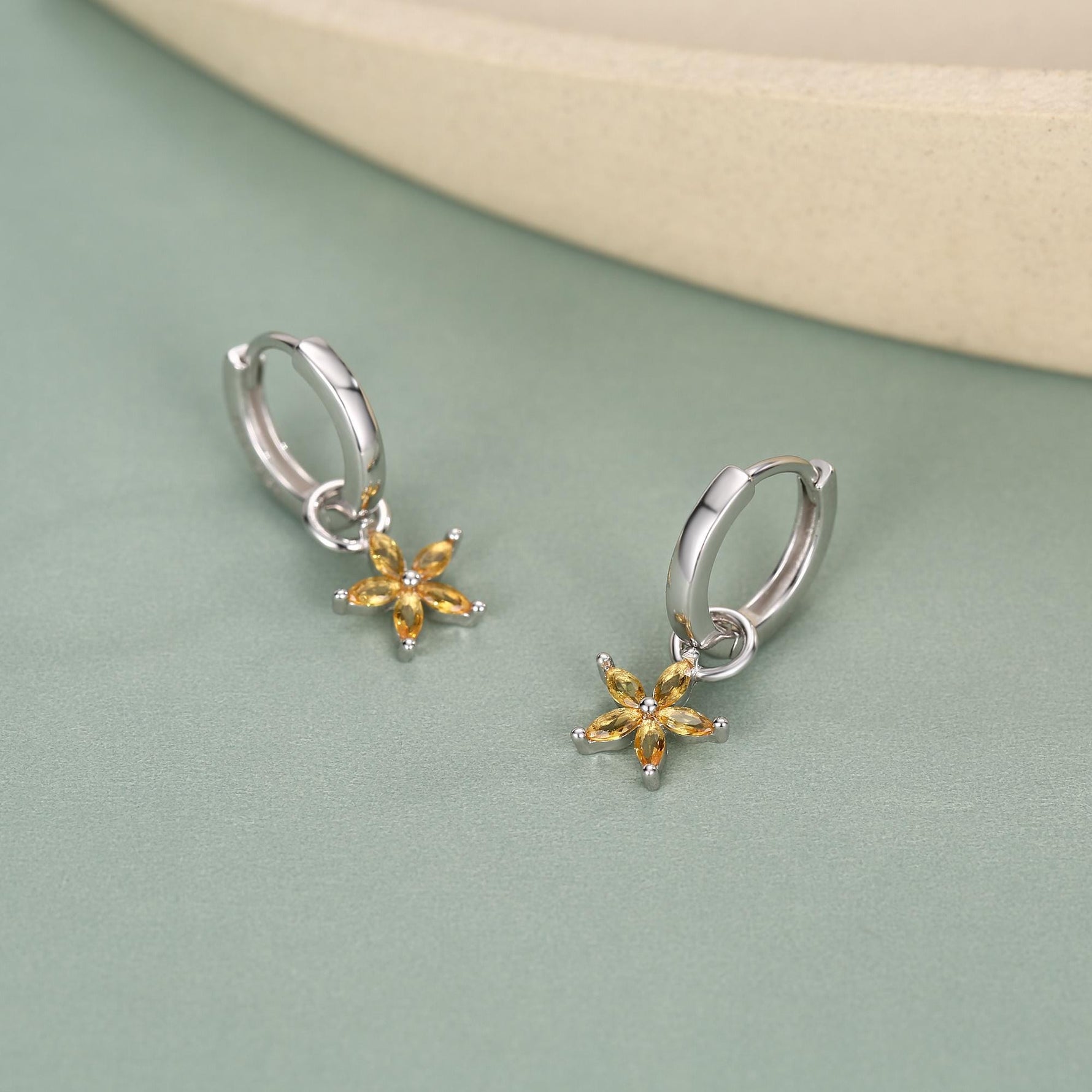 Sterling Silver Yellow CZ Flower Huggie Hoop Earrings