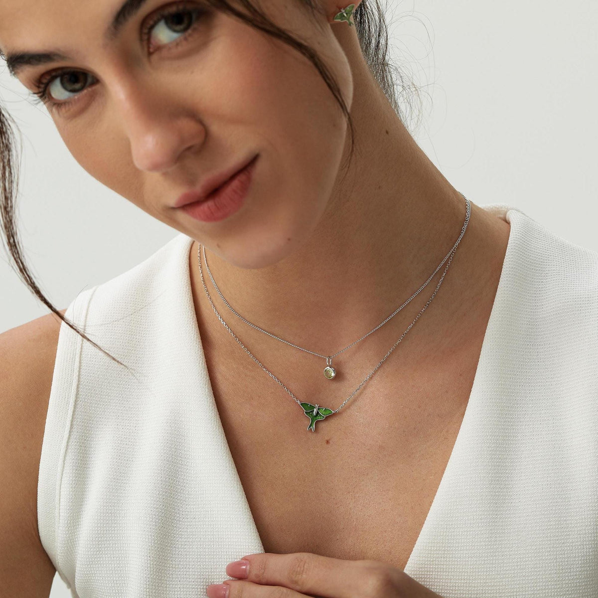 Green Enamel Lunar Moth Charm Necklace
