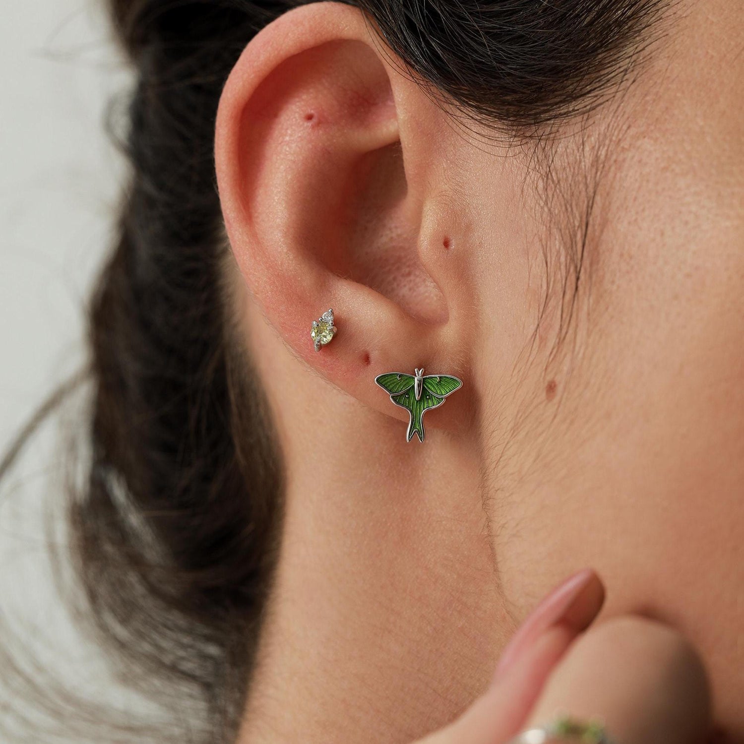 Green Enamel Luna Moth Screw Back Earrings