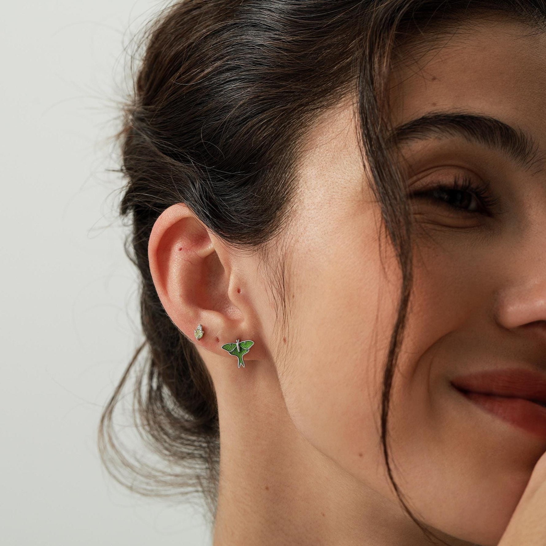 Green Enamel Luna Moth Flat Back Stud Earrings