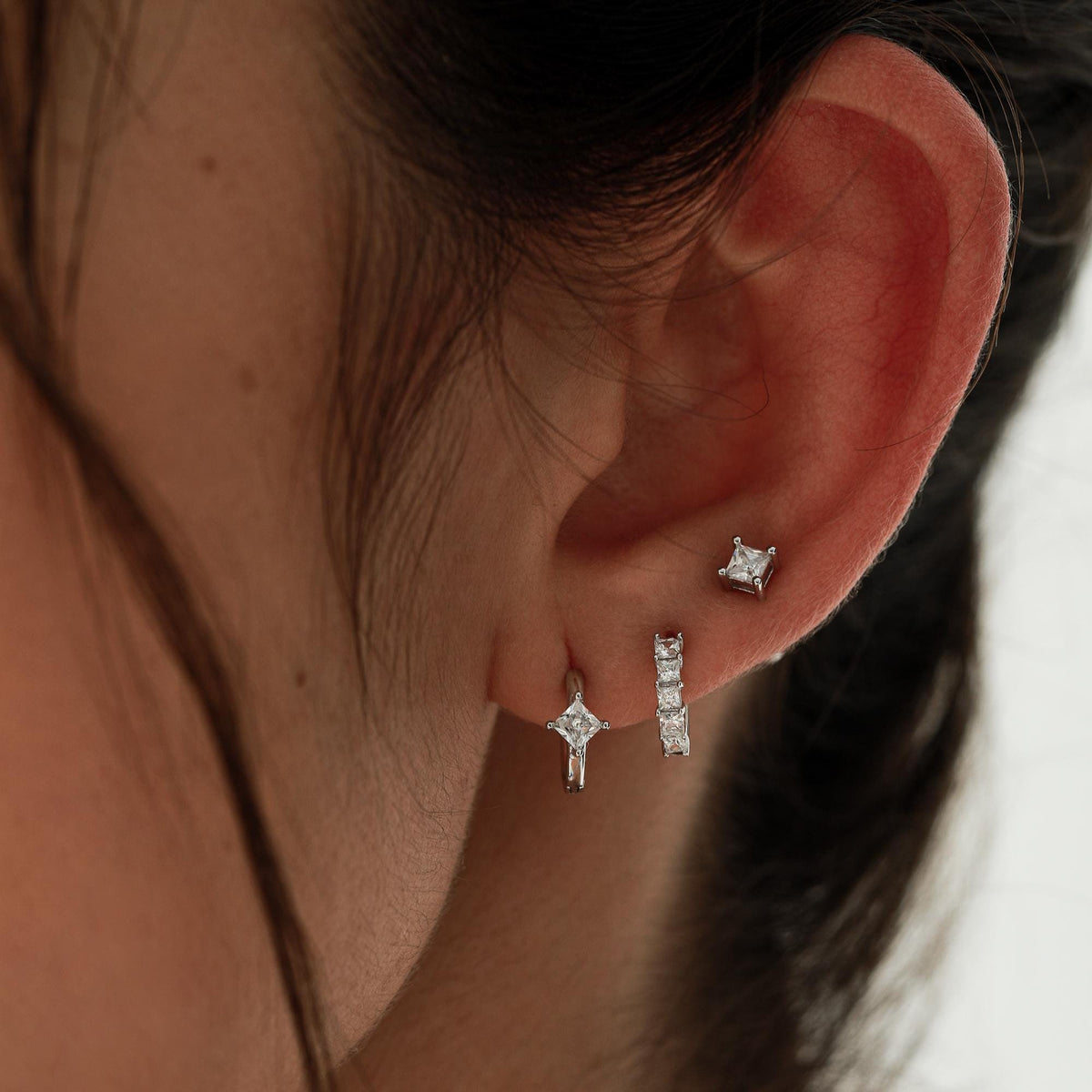 Princess Cut CZ Stud Earrings in Sterling Silver, Square Cut Crystal Earrings, Diamond CZ, April Birthstone