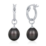 Sterling Silver Genuine Black Pearl Huggie Hoop Earrings and Necklace Set