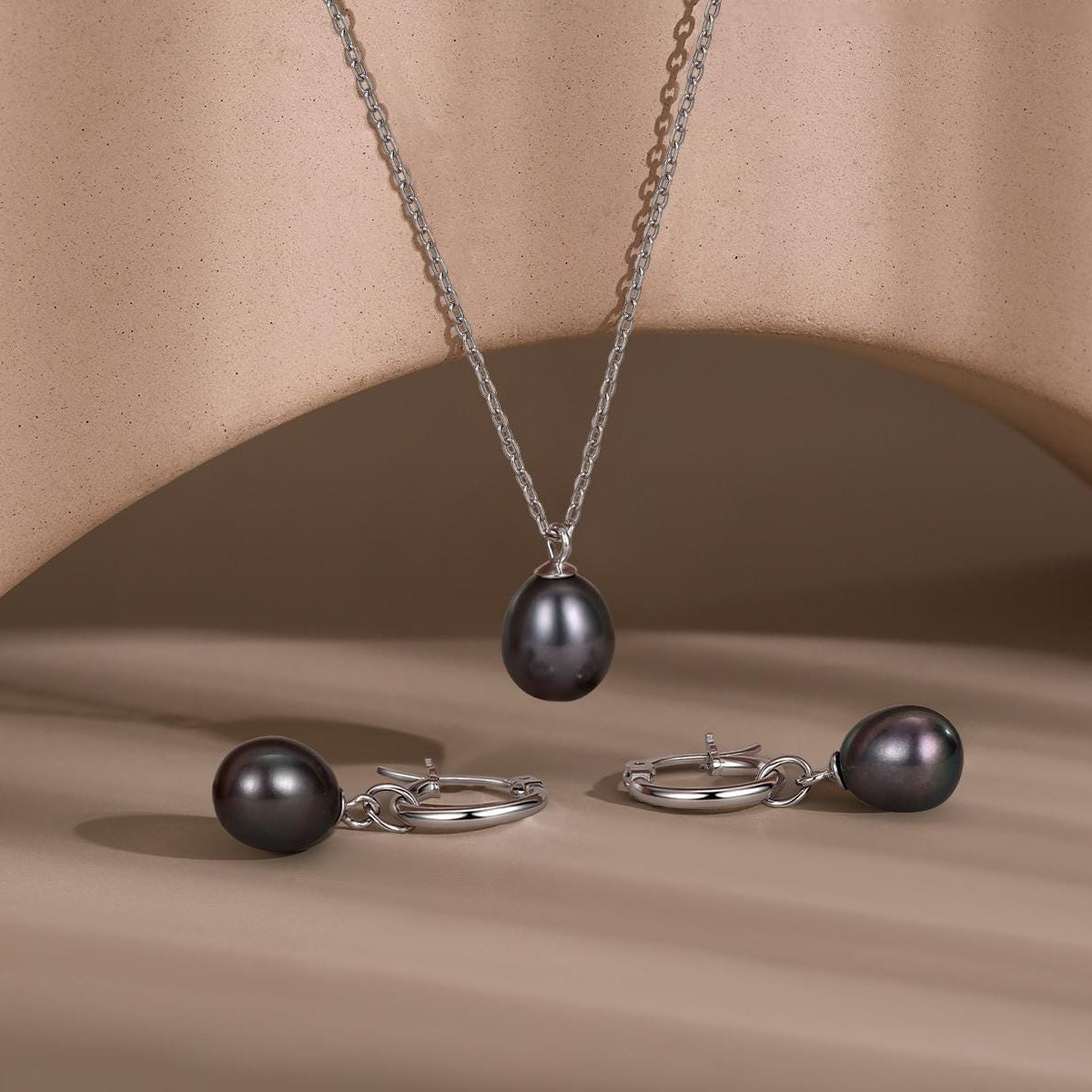 Sterling Silver Genuine Black Pearl Huggie Hoop Earrings and Necklace Set